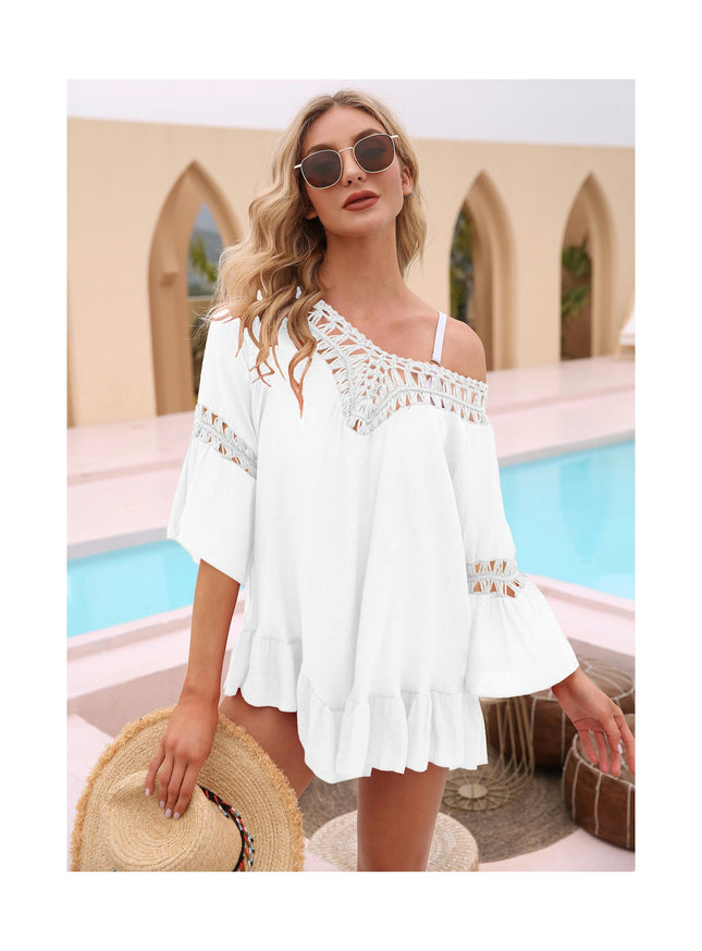 Women's Crochet Swimsuit Cover Ups Dress V Neck Casual Ruffles Mini Dress