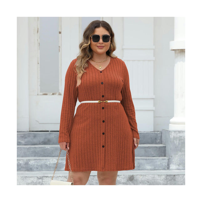 Women's Plus Size Long Sleeve V Neck Tunic Dress Button Front Knit Sweater Slim Fit Dress