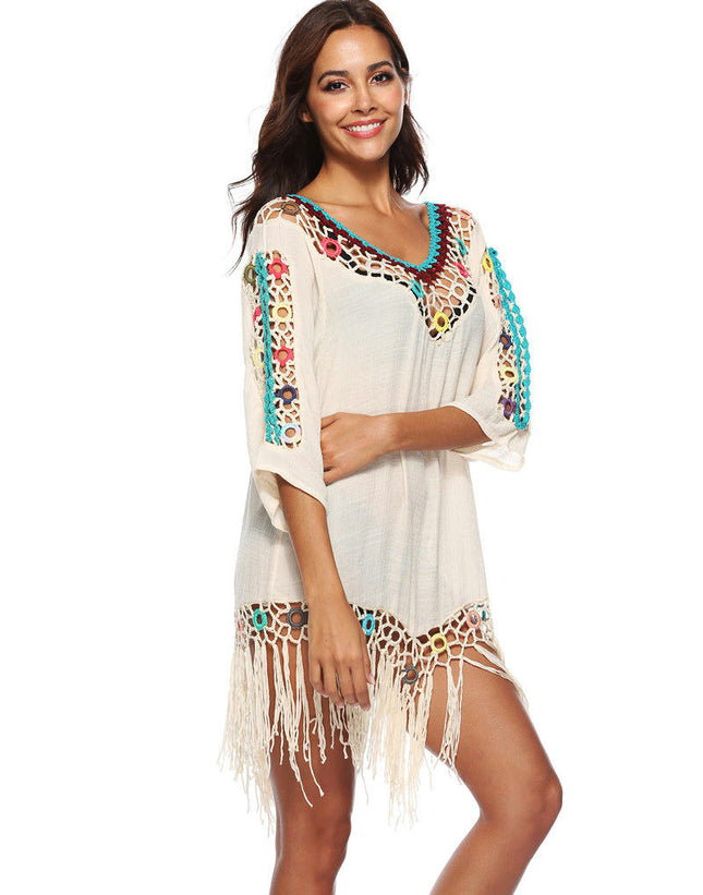 Women's Tassel Knit Swim Cover Up Beach Mini Dress Crochet Beach Dress