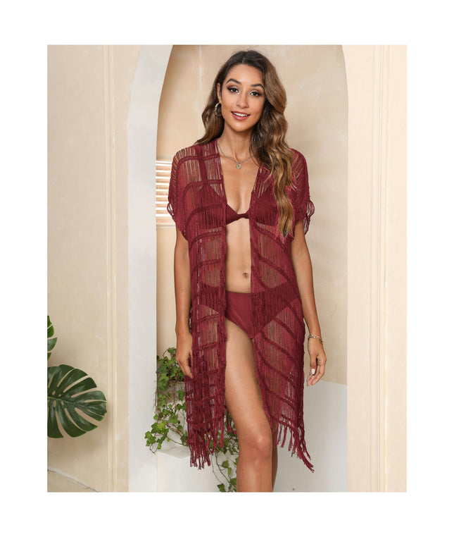 Womens Open Front Crochet Hollow Out Beach Bikini Swimsuit Cover Up Tassel Cardigan