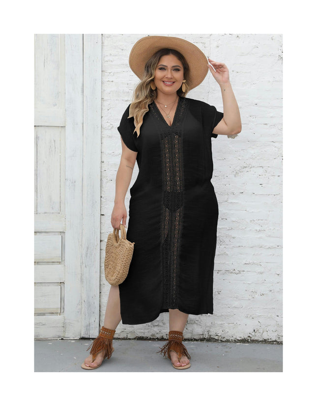 Women's Plus Size Lace Trim V Neck Split Beach Bikini Swimsuit Cover Up Dress