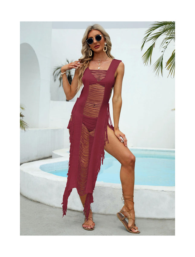 Womens Knitted Crochet Tassel Swimwear Cover up Bikini Long Beach Dress