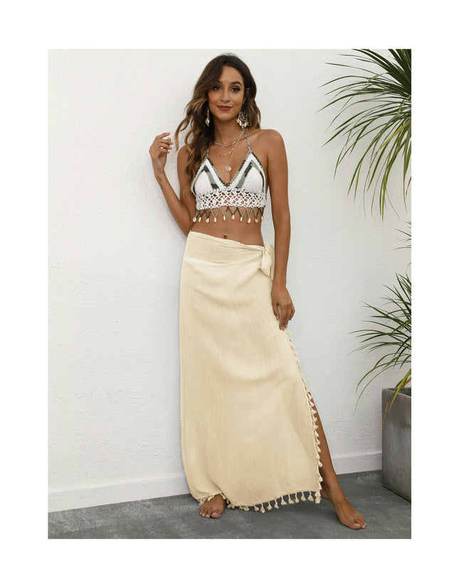 Womens Beach Sarong Pareo Semi-Sheer Swimwear Cover Ups Skirt with Tassels