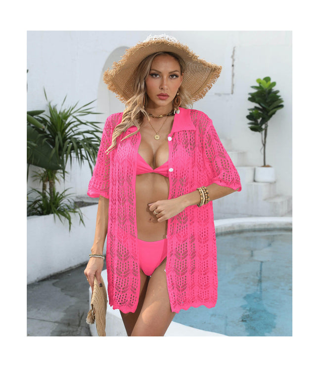 Women's Button Down Hollow Out Crochet Swimsuits Beach Cover Ups