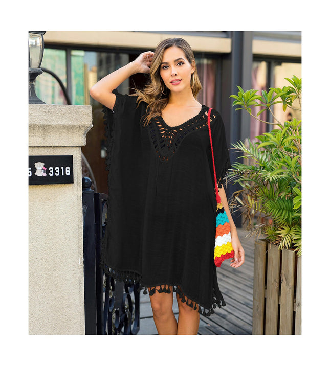 Women Hollow Out Swimsuit Coverups Crochet Tassels Summer Beach Cover Up Dress