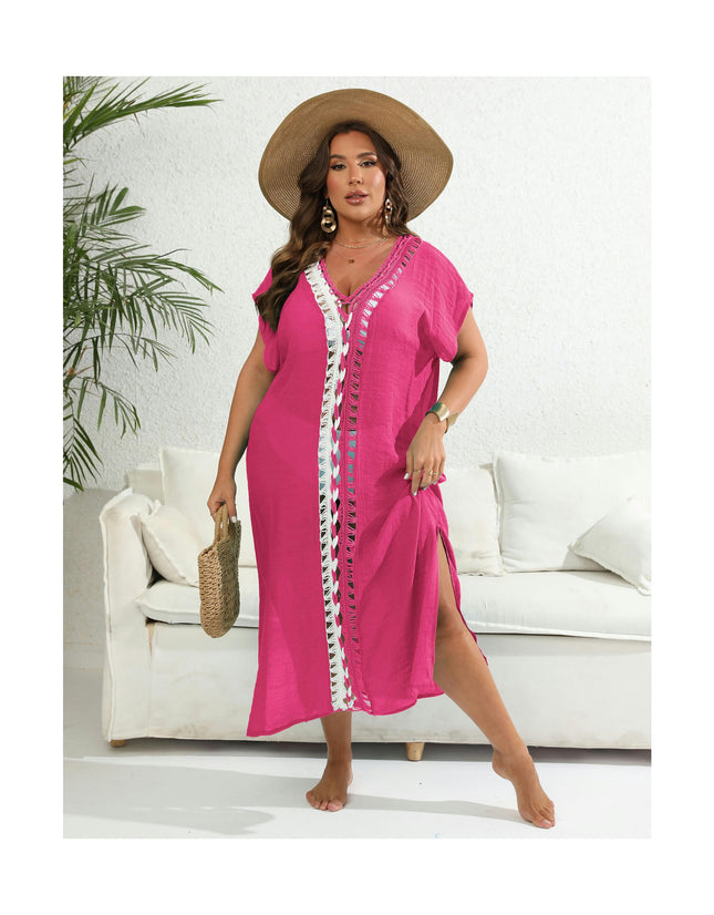 Women's Plus Size Hollow Out V Neck Crochet Swimwear Cover Up Dress