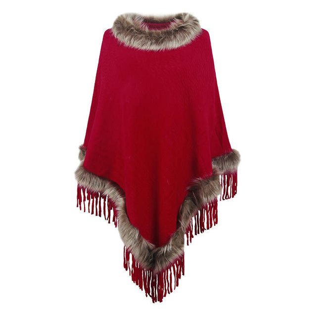 Women's Poncho - Winter Faux Fur Collar Knit Loose Pullover Fringe Coat