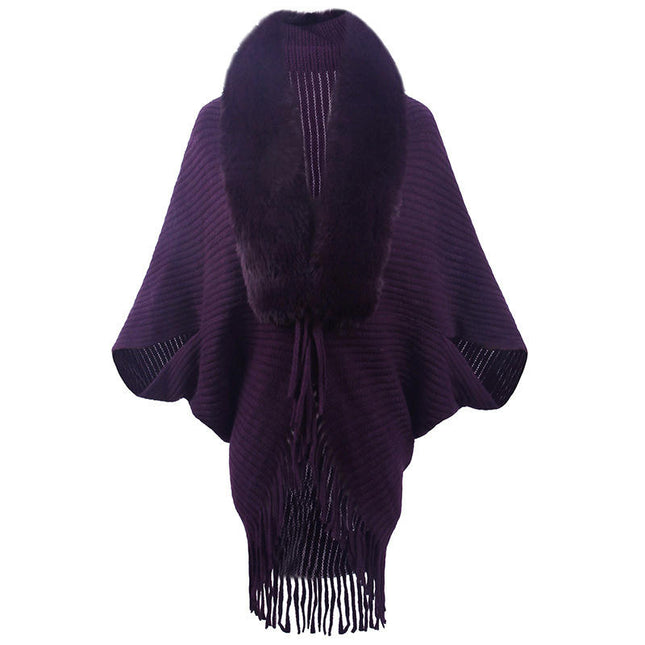 Women's Faux Fur Collar Shrug Shawl Autumn and Winter Cape Warm Cardigan with Fringe Elegant Sweater