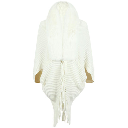 Women's Faux Fur Collar Shrug Shawl Autumn and Winter Cape Warm Cardigan with Fringe Elegant Sweater