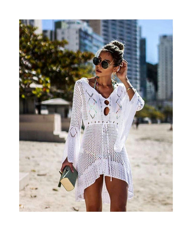 Women's Hollow Out Knit Flared Sleeve Beach Coverup Vacation Bikini Tunic Knit Skirt