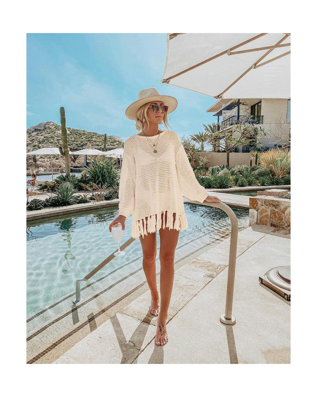 Women's Fishing Net Bikini Coverup Long Sleeve Tassel Sun Shirt Beach Hollow Out Knit Shirt