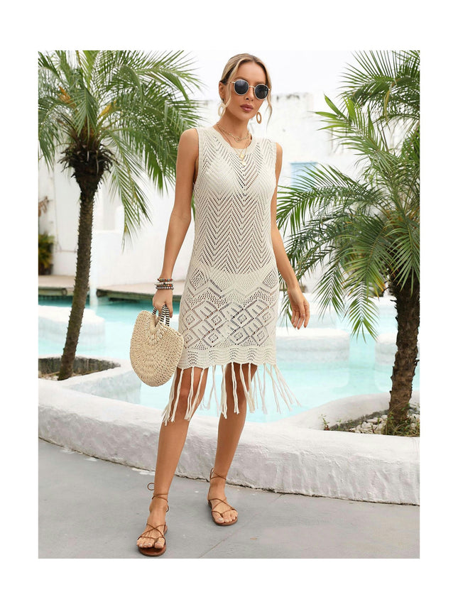 Women's Beach Coverup Hollow Out Tassel Knit Coverup Vacation Bikini Knit Tankini Shirt
