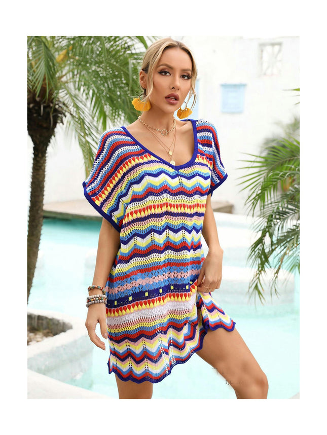 Women's Colorful Color Splicing Hollow Out Loose Seaside Beach Short Sleeve Dresses