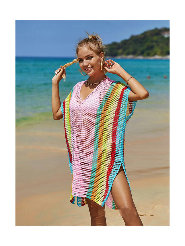 Women's Beach Cover Up Hollow Knitted Rainbow Bikini Outer Cover Up Sun Protection Clothing