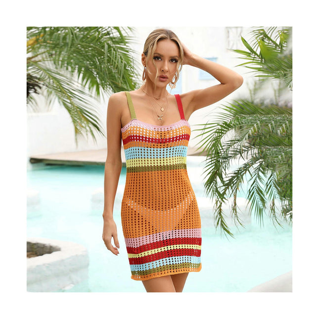 Women's Colorful Patchwork Bikini Beach Dress-Backless Fashion Camisole Cover Up