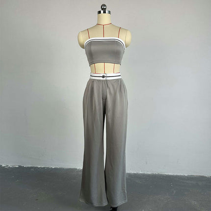 Women's 2 Piece Set Strapless Bandeau Sports Bra High Waisted Wide Leg Pants Casual Suit