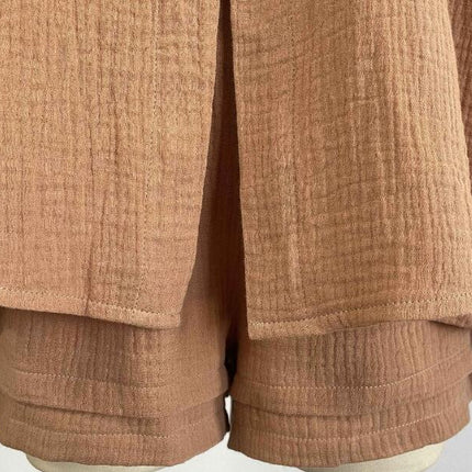 Women's 2-Piece Wrinkled Fabric Lapel Long Sleeve Shirt Drawstring Shorts Fashion Casual Set