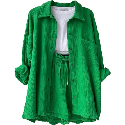 Women's 2-Piece Wrinkled Fabric Lapel Long Sleeve Shirt Drawstring Shorts Fashion Casual Set