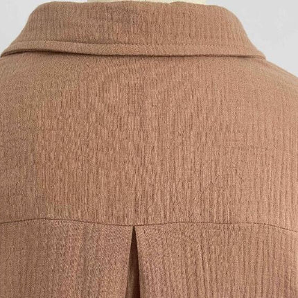 Women's 2-Piece Wrinkled Fabric Lapel Long Sleeve Shirt Drawstring Shorts Fashion Casual Set