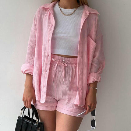 Women's 2-Piece Wrinkled Fabric Lapel Long Sleeve Shirt Drawstring Shorts Fashion Casual Set