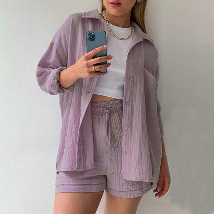 Women's 2-Piece Wrinkled Fabric Lapel Long Sleeve Shirt Drawstring Shorts Fashion Casual Set