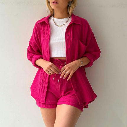 Women's 2-Piece Wrinkled Fabric Lapel Long Sleeve Shirt Drawstring Shorts Fashion Casual Set