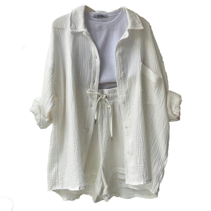 Women's 2-Piece Wrinkled Fabric Lapel Long Sleeve Shirt Drawstring Shorts Fashion Casual Set