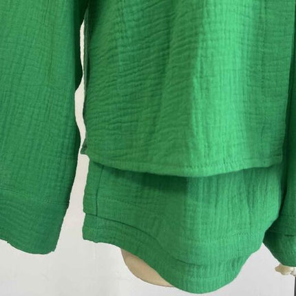 Women's 2-Piece Wrinkled Fabric Lapel Long Sleeve Shirt Drawstring Shorts Fashion Casual Set