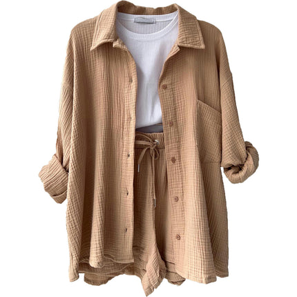 Women's 2-Piece Wrinkled Fabric Lapel Long Sleeve Shirt Drawstring Shorts Fashion Casual Set