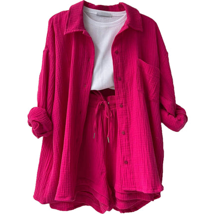 Women's 2-Piece Wrinkled Fabric Lapel Long Sleeve Shirt Drawstring Shorts Fashion Casual Set