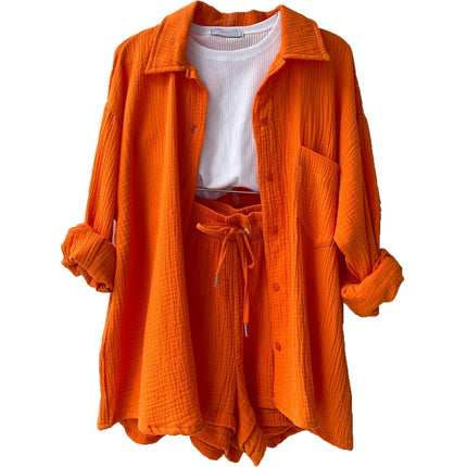 Women's 2-Piece Wrinkled Fabric Lapel Long Sleeve Shirt Drawstring Shorts Fashion Casual Set