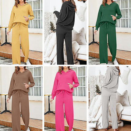 Women's Casual Sportswear Long Sleeve Hooded Top Fashion Elastic Tie Long Pants Two Piece Set