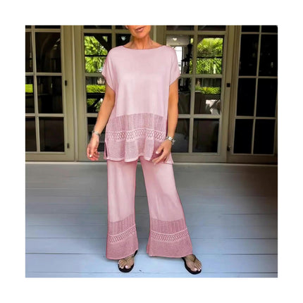 Women's Casual Set Hollowed Out Short Sleeve Top Elastic Waist Long Pants Two Piece Set