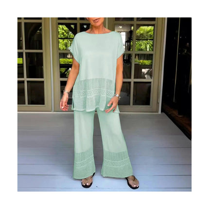 Women's Casual Set Hollowed Out Short Sleeve Top Elastic Waist Long Pants Two Piece Set