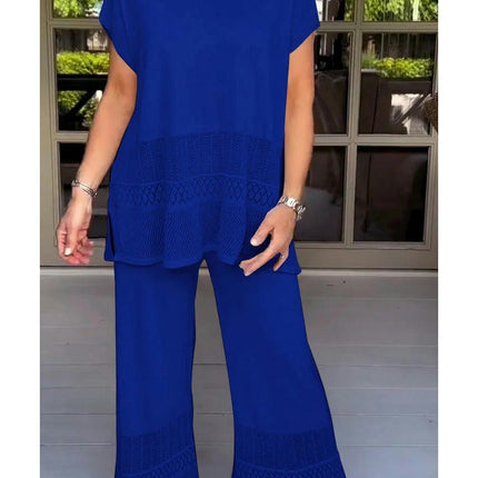 Women's Casual Set Hollowed Out Short Sleeve Top Elastic Waist Long Pants Two Piece Set