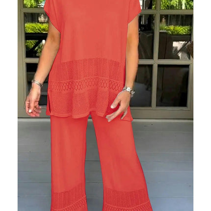 Women's Casual Set Hollowed Out Short Sleeve Top Elastic Waist Long Pants Two Piece Set