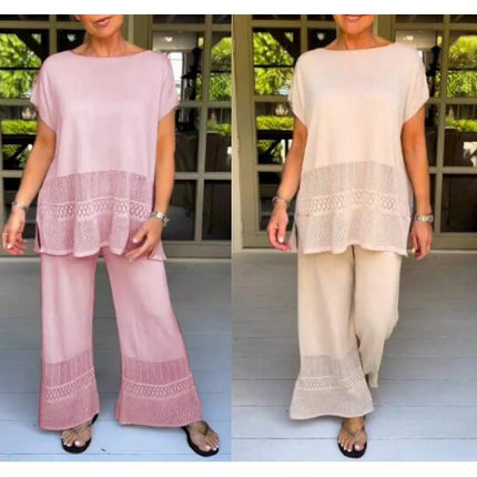 Women's Casual Set Hollowed Out Short Sleeve Top Elastic Waist Long Pants Two Piece Set