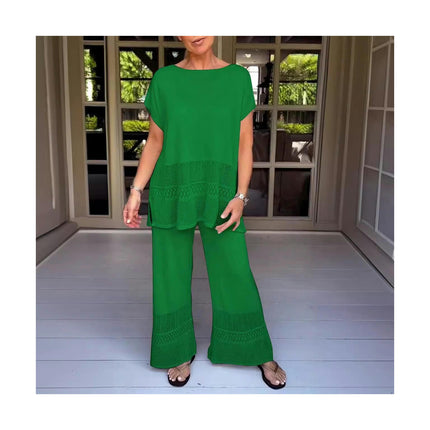 Women's Casual Set Hollowed Out Short Sleeve Top Elastic Waist Long Pants Two Piece Set
