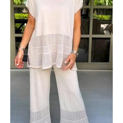 Women's Casual Set Hollowed Out Short Sleeve Top Elastic Waist Long Pants Two Piece Set