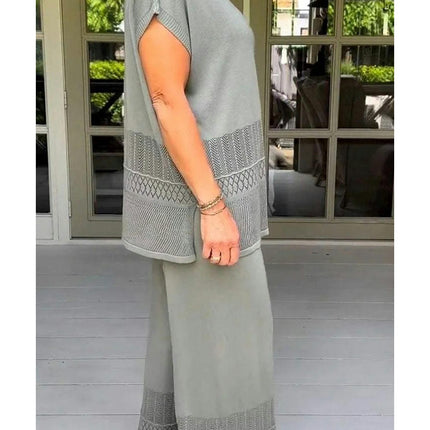 Women's Casual Set Hollowed Out Short Sleeve Top Elastic Waist Long Pants Two Piece Set