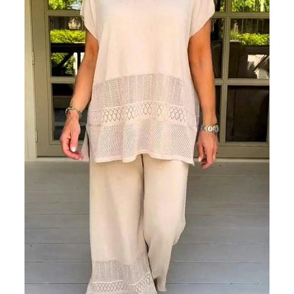 Women's Casual Set Hollowed Out Short Sleeve Top Elastic Waist Long Pants Two Piece Set