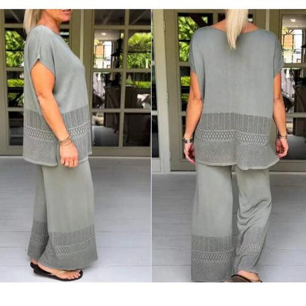 Women's Casual Set Hollowed Out Short Sleeve Top Elastic Waist Long Pants Two Piece Set