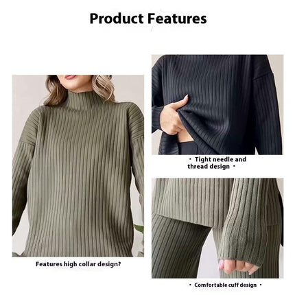 Women Knit Two Piece Fashion Casual Straight Leg Pants Loose High Neck Top Set