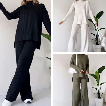 Women Knit Two Piece Fashion Casual Straight Leg Pants Loose High Neck Top Set
