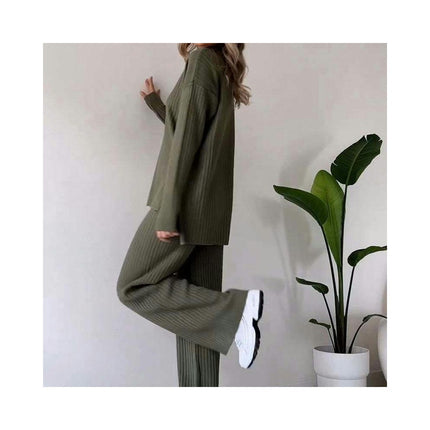 Women Knit Two Piece Fashion Casual Straight Leg Pants Loose High Neck Top Set