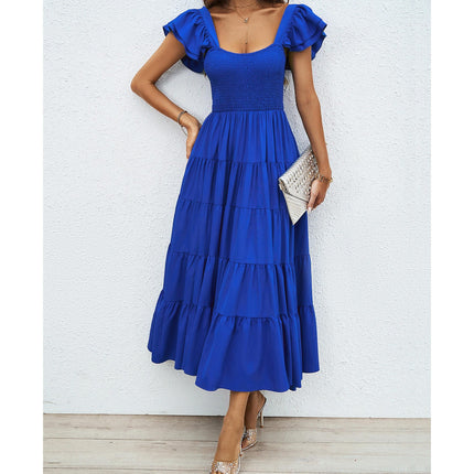 Womens Summer Short Sleeve Square Neck Smocked Boho Flowy A Line Long Dresses