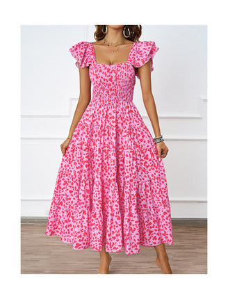 Womens Summer Short Sleeve Square Neck Smocked Boho Flowy A Line Long Dresses