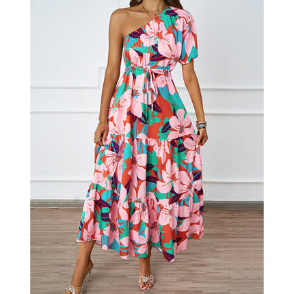 Women One Shoulder Summer Floral Boho Short Sleeve Tie Waist A Line Flowy Maxi Dress