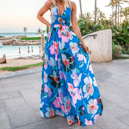 Women's Summer Sleeveless Halter V Neck Backless Boho Floral A Line Maxi Dress