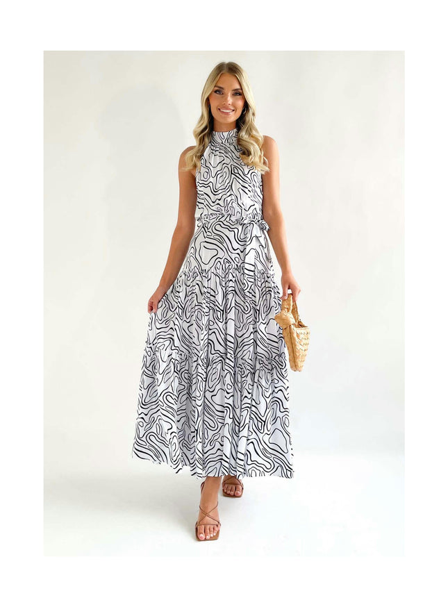 Womens Summer Floral Sleeveless Halter Neck Flowy Ruffle Hem Boho Long Dresses with Belt